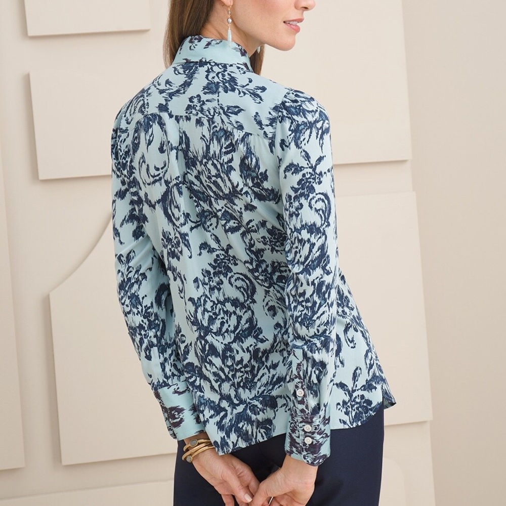 Chico’s Sandwashed Satin Ikat Floral Button Shirt Size XXL - Picture 2 of 9